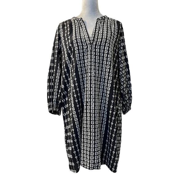 Lou & Grey Shift Dress Women Medium Black Embroidered Balloon Sleeve Relaxed Fit - Picture 1 of 7